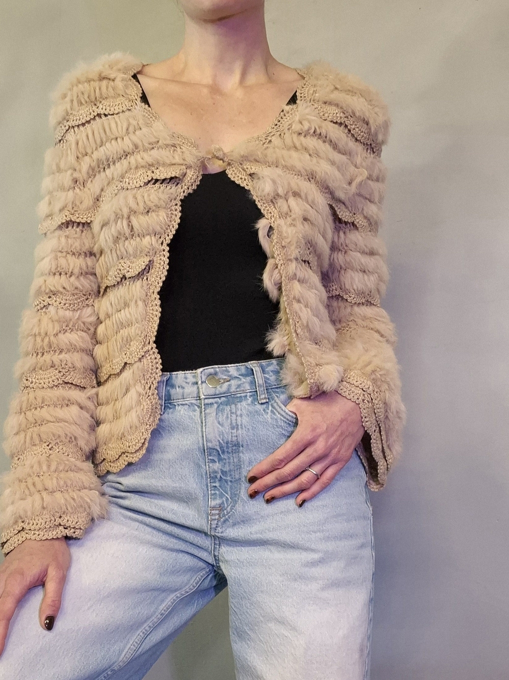KOOKAI - Beige Crochet-Trim Faux Fur Cardigan